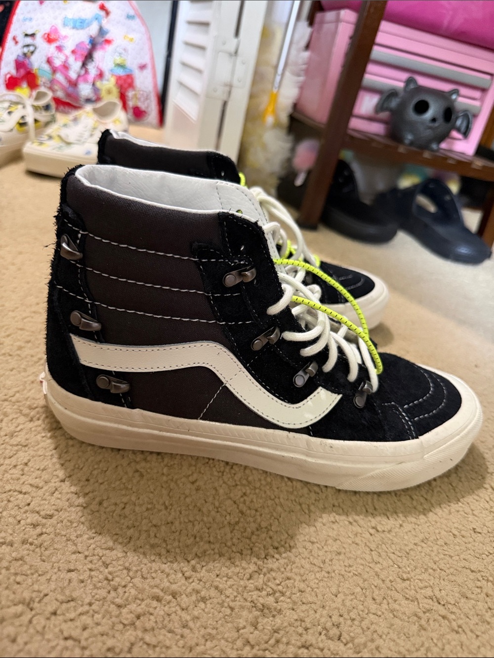 Vans Black & White High-Top Sneakers with Neon Yellow Laces - Picture 4 of 5